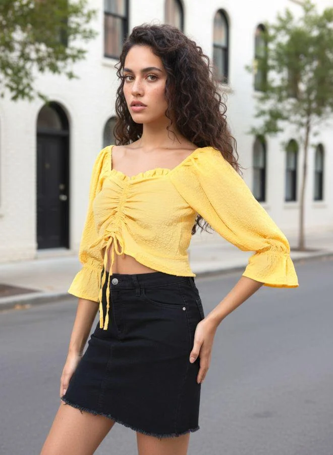 Freehand  Women Fitted Textured Henley Quarter Sleeves Crop Top for Women | Best Price UAE